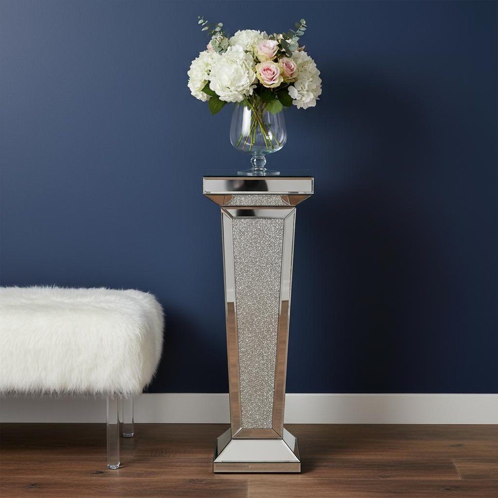 35" Silver Mirrored Glass And Faux Crystals Pedestal Accent Table HomeRoots