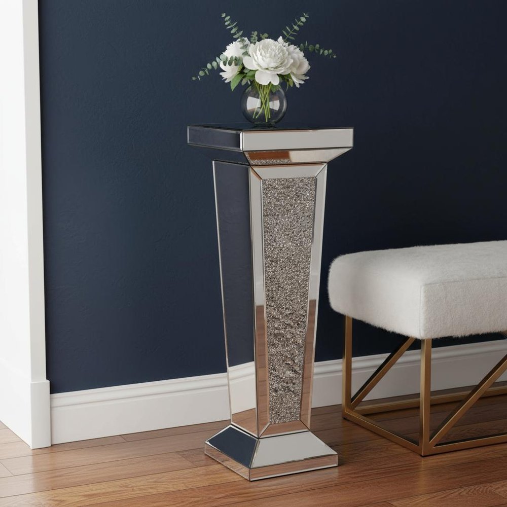 35" Silver Mirrored Glass And Faux Crystals Pedestal Accent Table HomeRoots