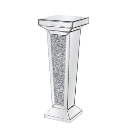 35" Silver Mirrored Glass And Faux Crystals Pedestal Accent Table HomeRoots