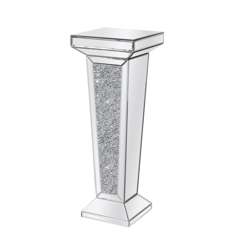 35" Silver Mirrored Glass And Faux Crystals Pedestal Accent Table HomeRoots