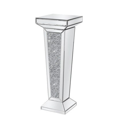 35" Silver Mirrored Glass And Faux Crystals Pedestal Accent Table HomeRoots