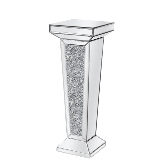 35" Silver Mirrored Glass And Faux Crystals Pedestal Accent Table HomeRoots