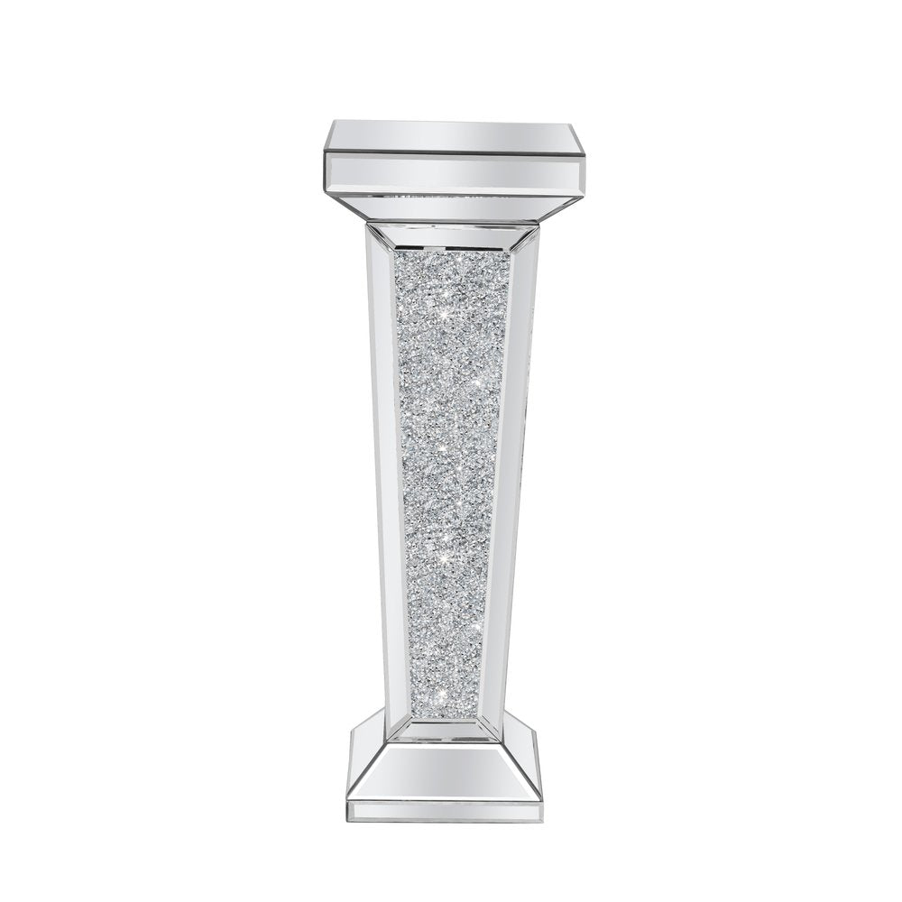 35" Silver Mirrored Glass And Faux Crystals Pedestal Accent Table HomeRoots