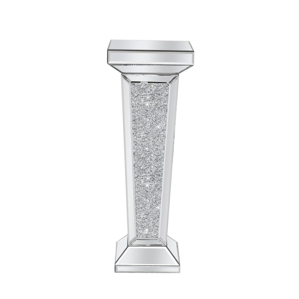 35" Silver Mirrored Glass And Faux Crystals Pedestal Accent Table HomeRoots