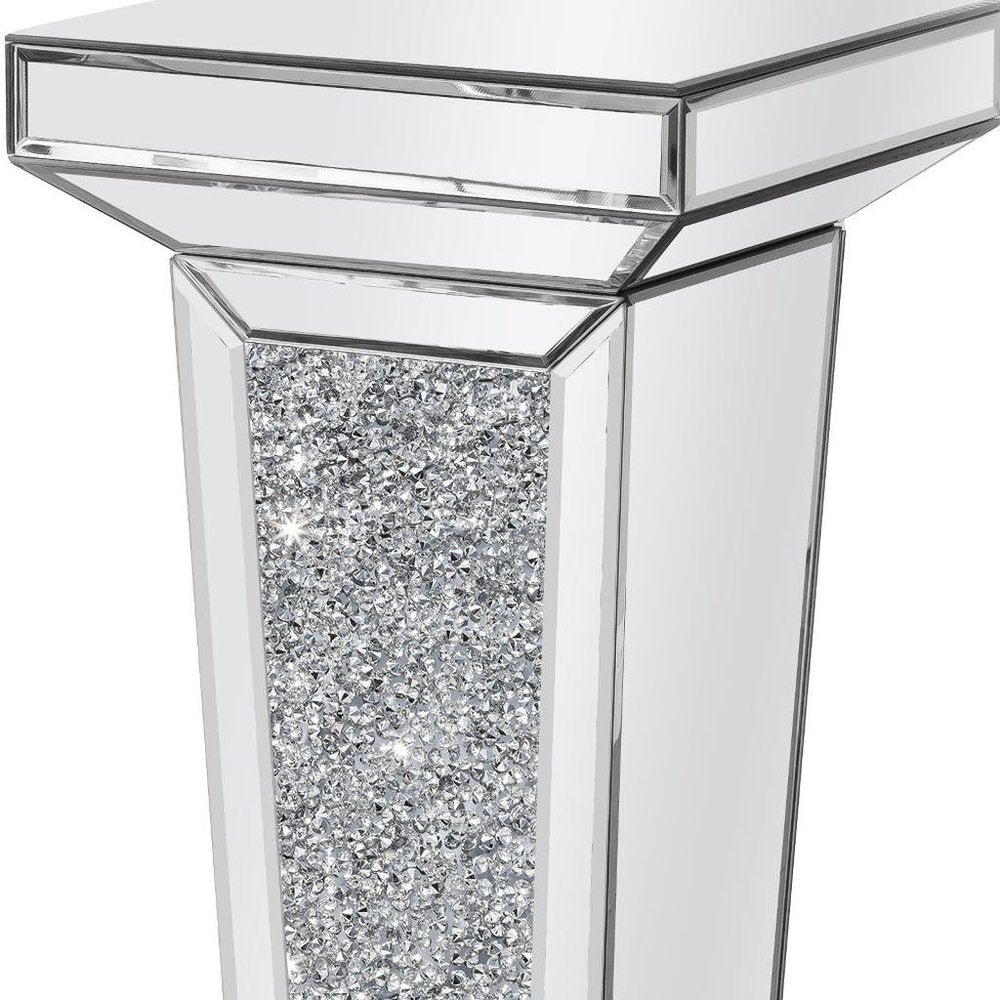 35" Silver Mirrored Glass And Faux Crystals Pedestal Accent Table HomeRoots
