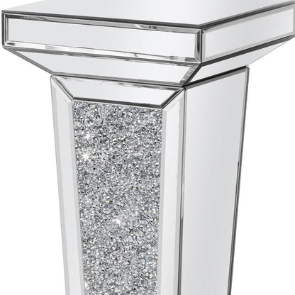 35" Silver Mirrored Glass And Faux Crystals Pedestal Accent Table HomeRoots