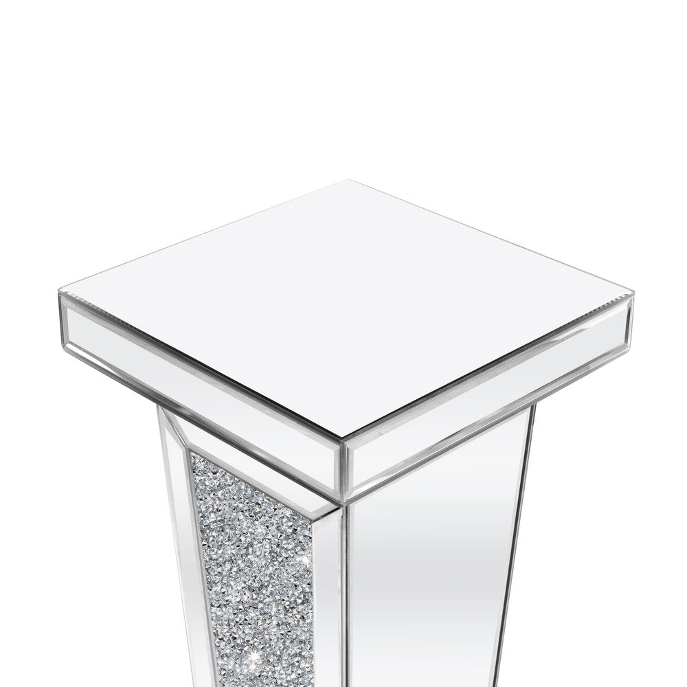 35" Silver Mirrored Glass And Faux Crystals Pedestal Accent Table HomeRoots