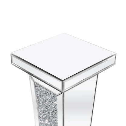 35" Silver Mirrored Glass And Faux Crystals Pedestal Accent Table HomeRoots
