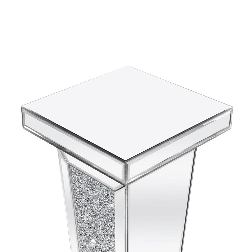 35" Silver Mirrored Glass And Faux Crystals Pedestal Accent Table HomeRoots