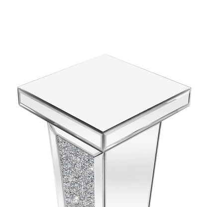 35" Silver Mirrored Glass And Faux Crystals Pedestal Accent Table HomeRoots