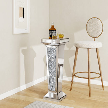 35" Silver Mirrored Glass And Faux Crystals Pedestal Accent Table HomeRoots