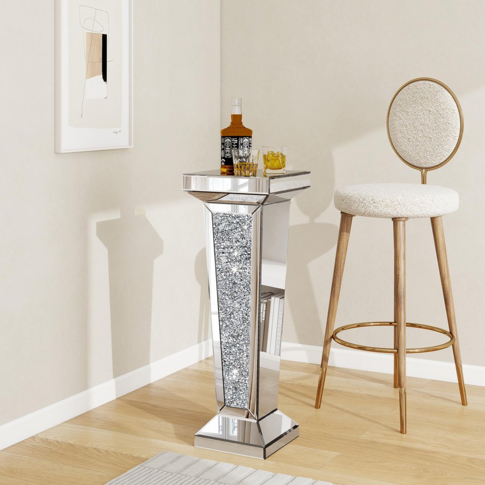 35" Silver Mirrored Glass And Faux Crystals Pedestal Accent Table HomeRoots