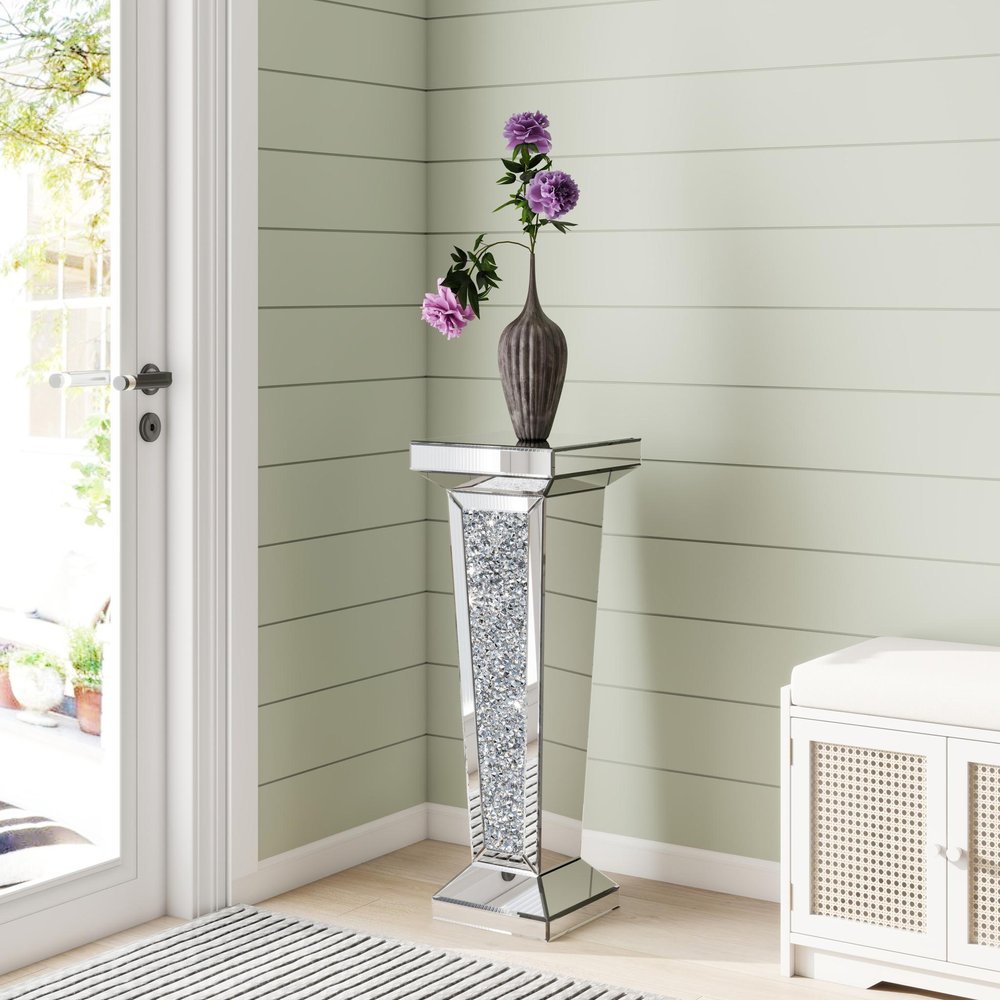 35" Silver Mirrored Glass And Faux Crystals Pedestal Accent Table HomeRoots