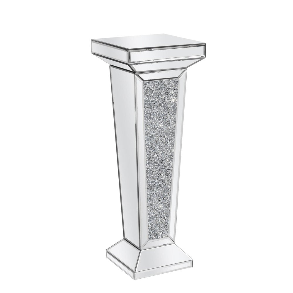 35" Silver Mirrored Glass And Faux Crystals Pedestal Accent Table HomeRoots
