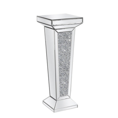 35" Silver Mirrored Glass And Faux Crystals Pedestal Accent Table HomeRoots