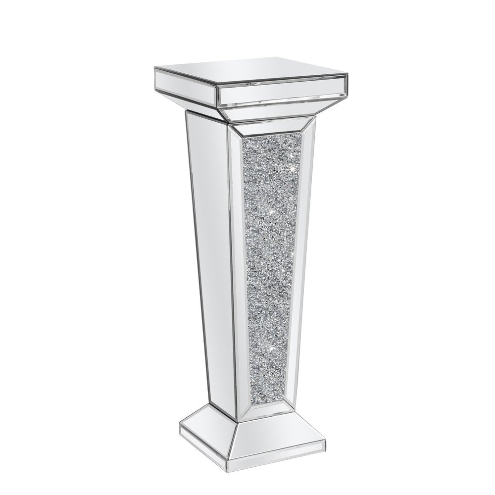 35" Silver Mirrored Glass And Faux Crystals Pedestal Accent Table HomeRoots