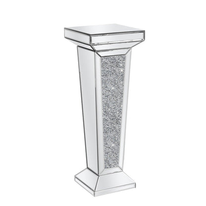 35" Silver Mirrored Glass And Faux Crystals Pedestal Accent Table HomeRoots