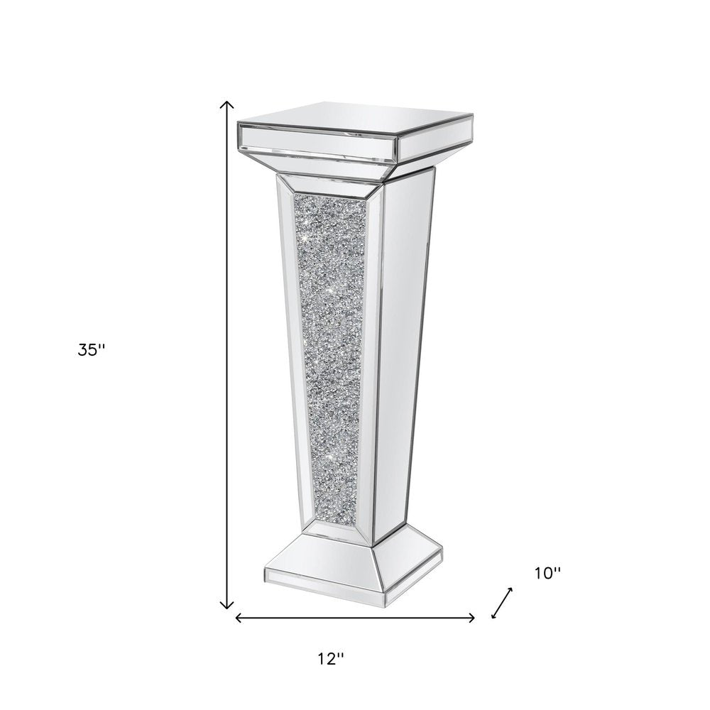 35" Silver Mirrored Glass And Faux Crystals Pedestal Accent Table HomeRoots