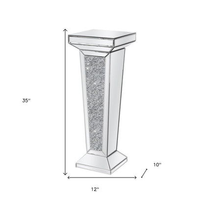 35" Silver Mirrored Glass And Faux Crystals Pedestal Accent Table HomeRoots