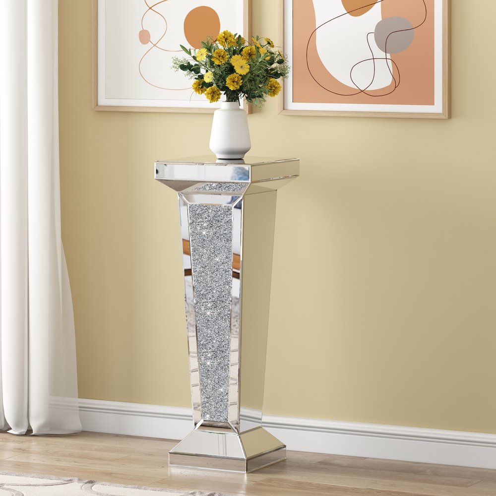 35" Silver Mirrored Glass And Faux Crystals Pedestal Accent Table HomeRoots