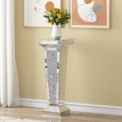 35" Silver Mirrored Glass And Faux Crystals Pedestal Accent Table HomeRoots