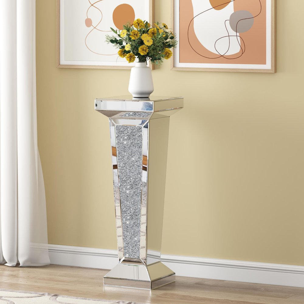 35" Silver Mirrored Glass And Faux Crystals Pedestal Accent Table HomeRoots