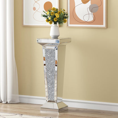 35" Silver Mirrored Glass And Faux Crystals Pedestal Accent Table HomeRoots