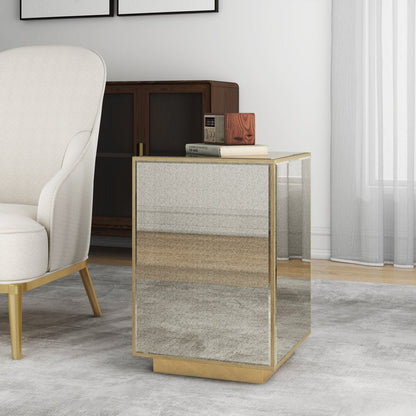 22" Silver and Gold Mirrored Glass and Wood Block End Table HomeRoots