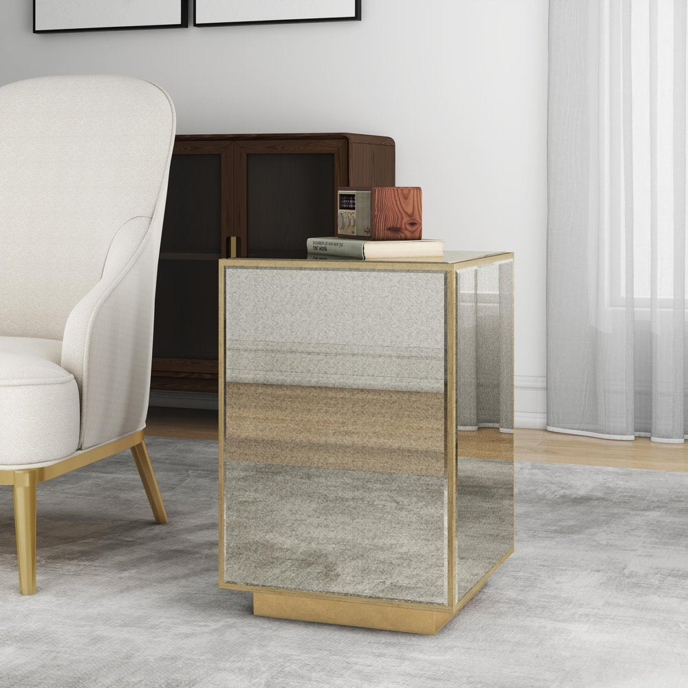22" Silver and Gold Mirrored Glass and Wood Block End Table HomeRoots