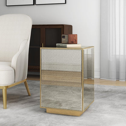 22" Silver and Gold Mirrored Glass and Wood Block End Table HomeRoots
