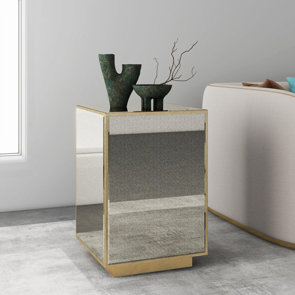 22" Silver and Gold Mirrored Glass and Wood Block End Table HomeRoots