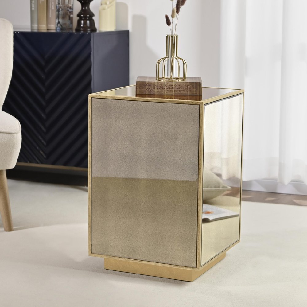 22" Silver and Gold Mirrored Glass and Wood Block End Table HomeRoots