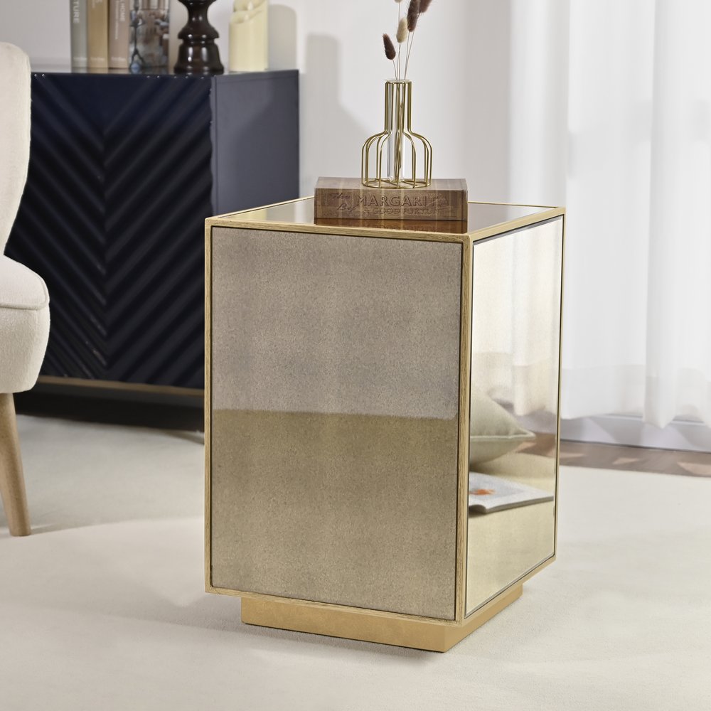 22" Silver and Gold Mirrored Glass and Wood Block End Table HomeRoots