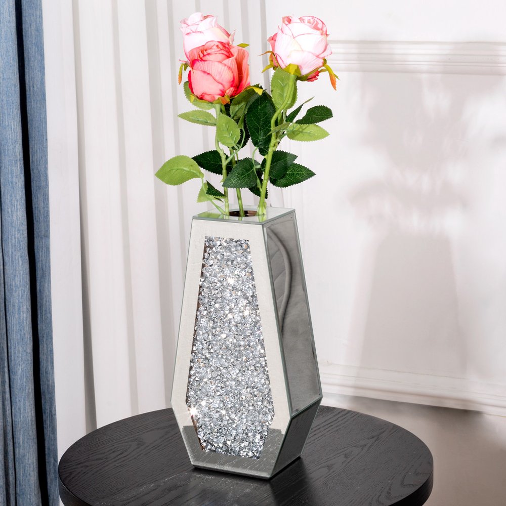 12" Silver Faux Crystal And Mirrored Glass Table Vase HomeRoots
