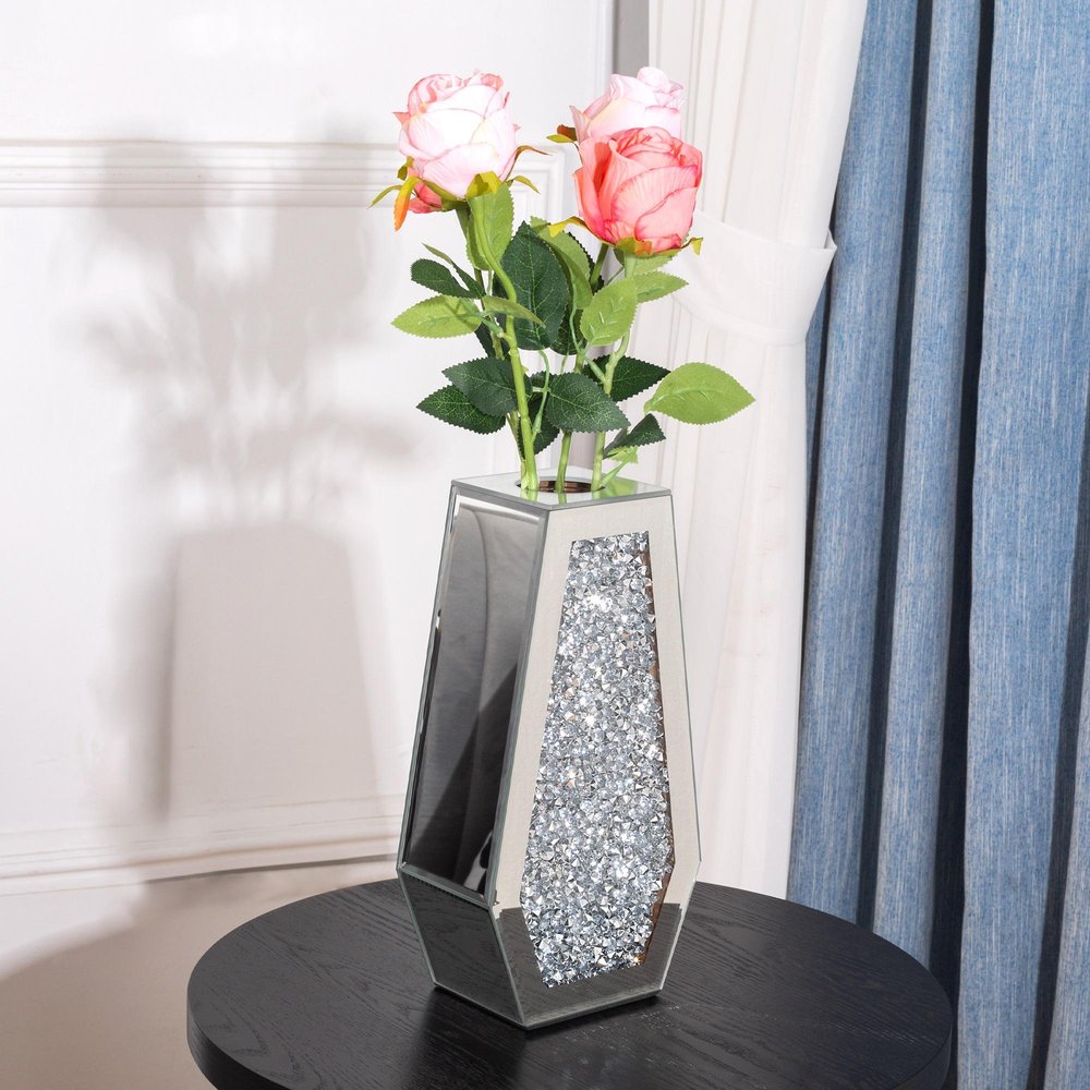 12" Silver Faux Crystal And Mirrored Glass Table Vase HomeRoots