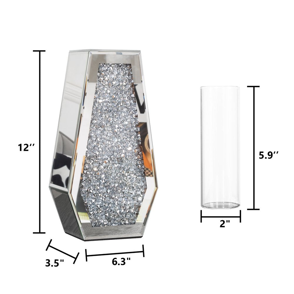 12" Silver Faux Crystal And Mirrored Glass Table Vase HomeRoots