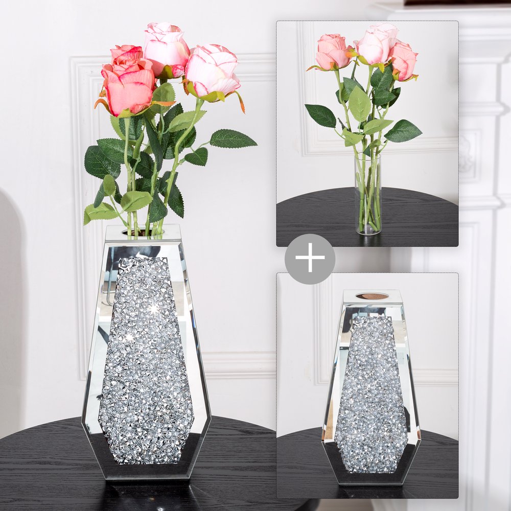 12" Silver Faux Crystal And Mirrored Glass Table Vase HomeRoots