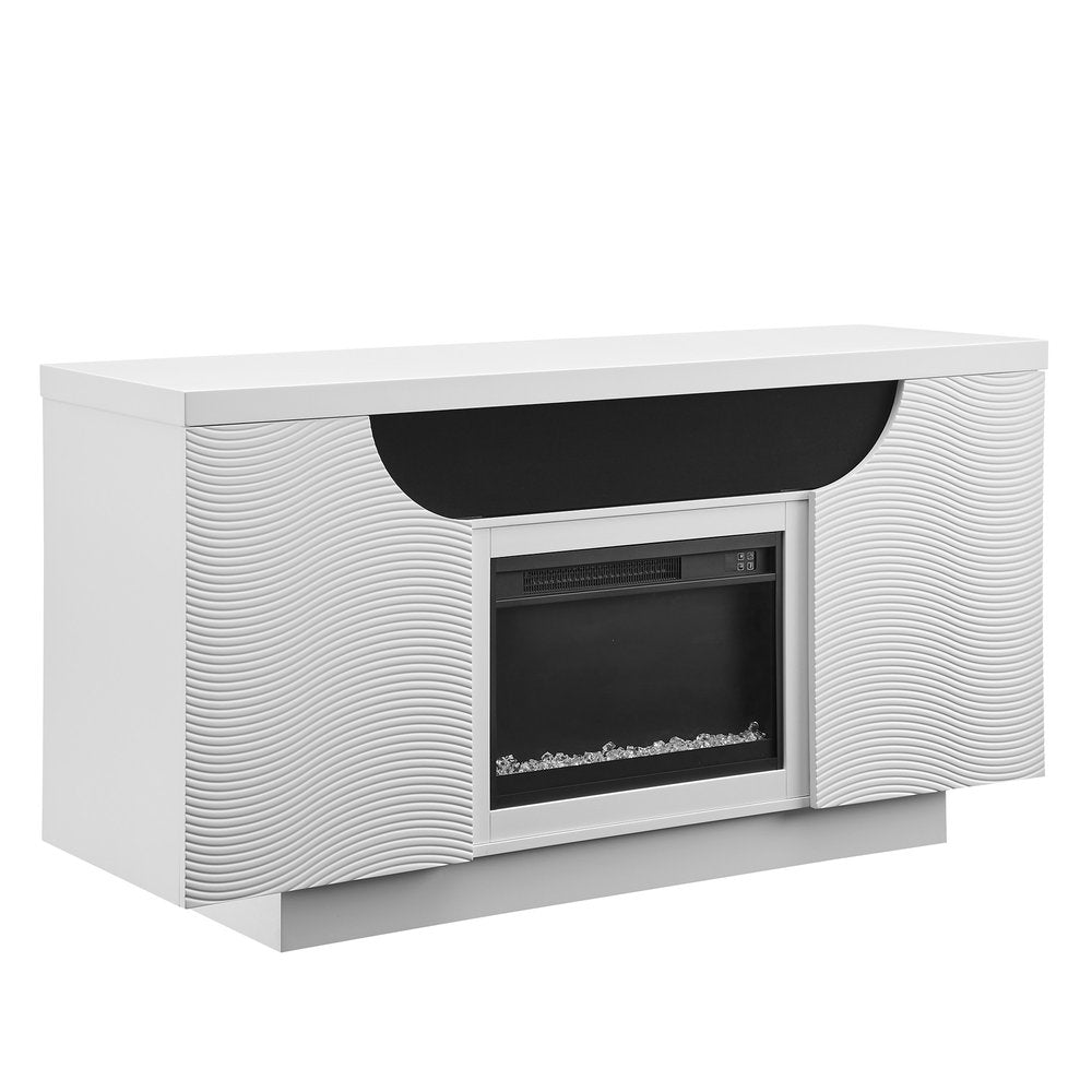 66" White Ribbed Wood Electric Storage Cabinet Fireplace With LED And Speaker HomeRoots