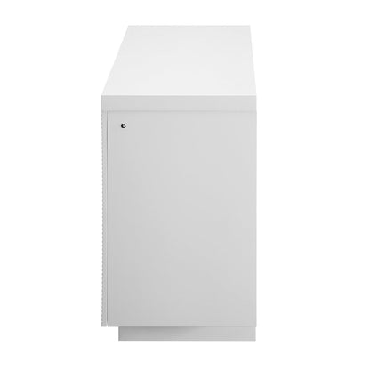 66" White Ribbed Wood Electric Storage Cabinet Fireplace With LED And Speaker HomeRoots