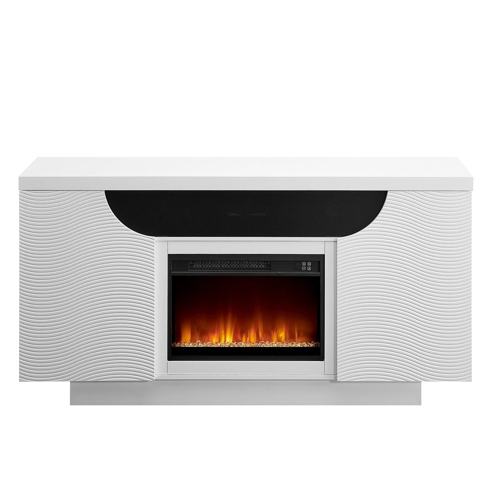 66" White Ribbed Wood Electric Storage Cabinet Fireplace With LED And Speaker — view 4