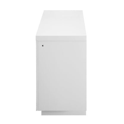 76" White Ribbed Wood Electric Storage Cabinet Fireplace With LED And Speaker HomeRoots