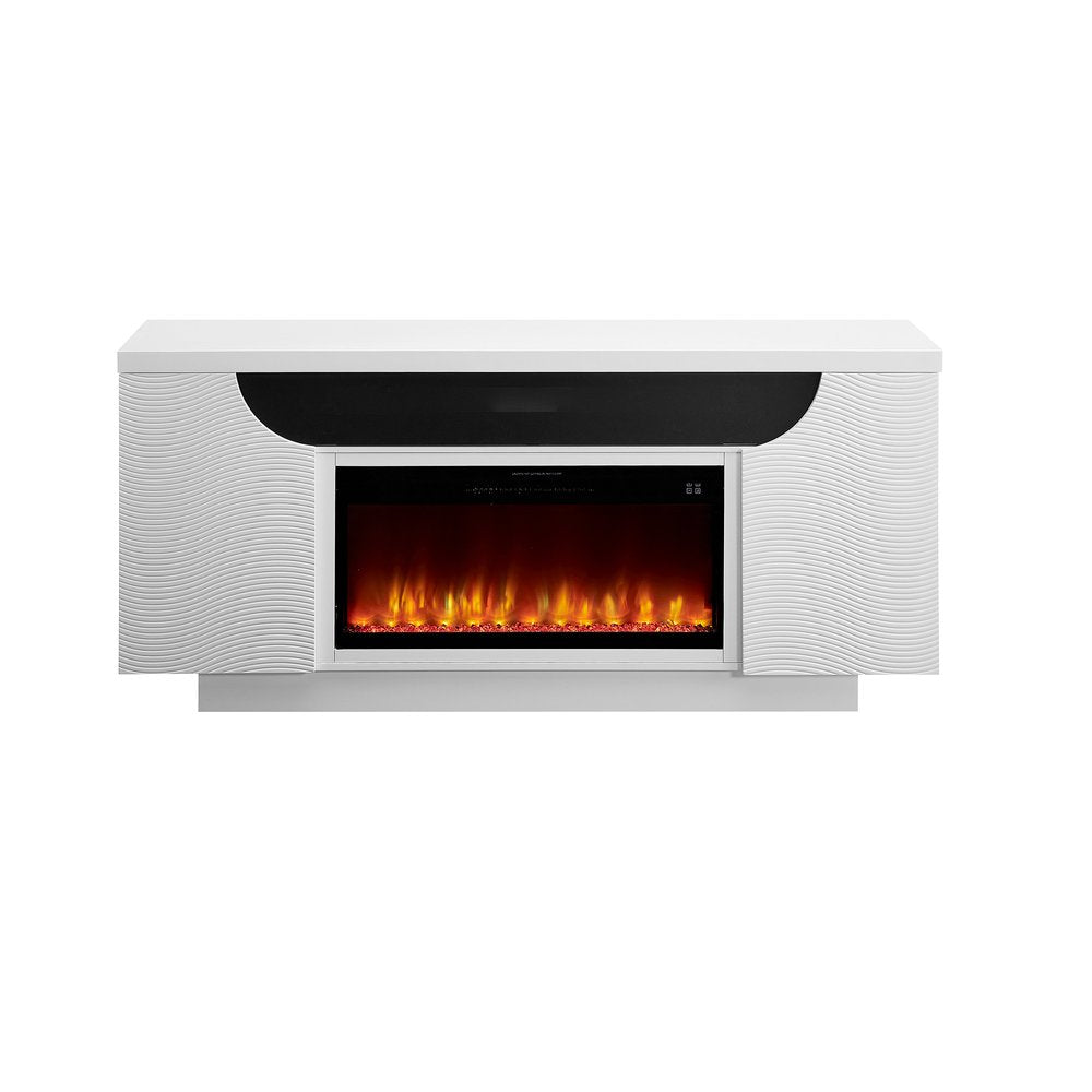 76" White Ribbed Wood Electric Storage Cabinet Fireplace With LED And Speaker HomeRoots