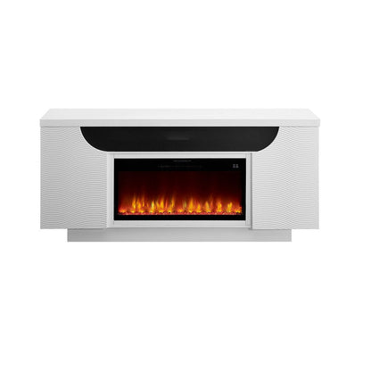 76" White Ribbed Wood Electric Storage Cabinet Fireplace With LED And Speaker HomeRoots