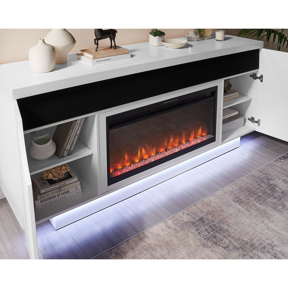 76" White Ribbed Wood Electric Storage Cabinet Fireplace With LED And Speaker HomeRoots