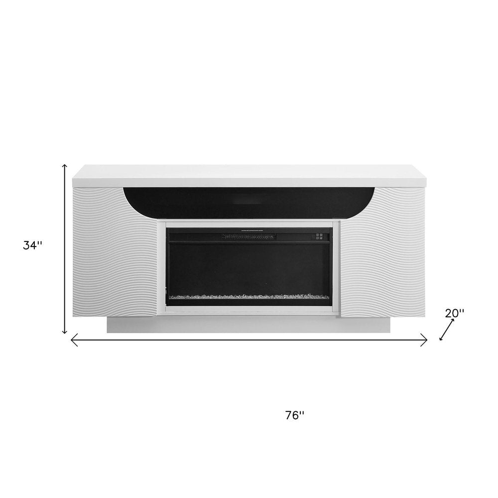 76" White Ribbed Wood Electric Storage Cabinet Fireplace With LED And Speaker HomeRoots