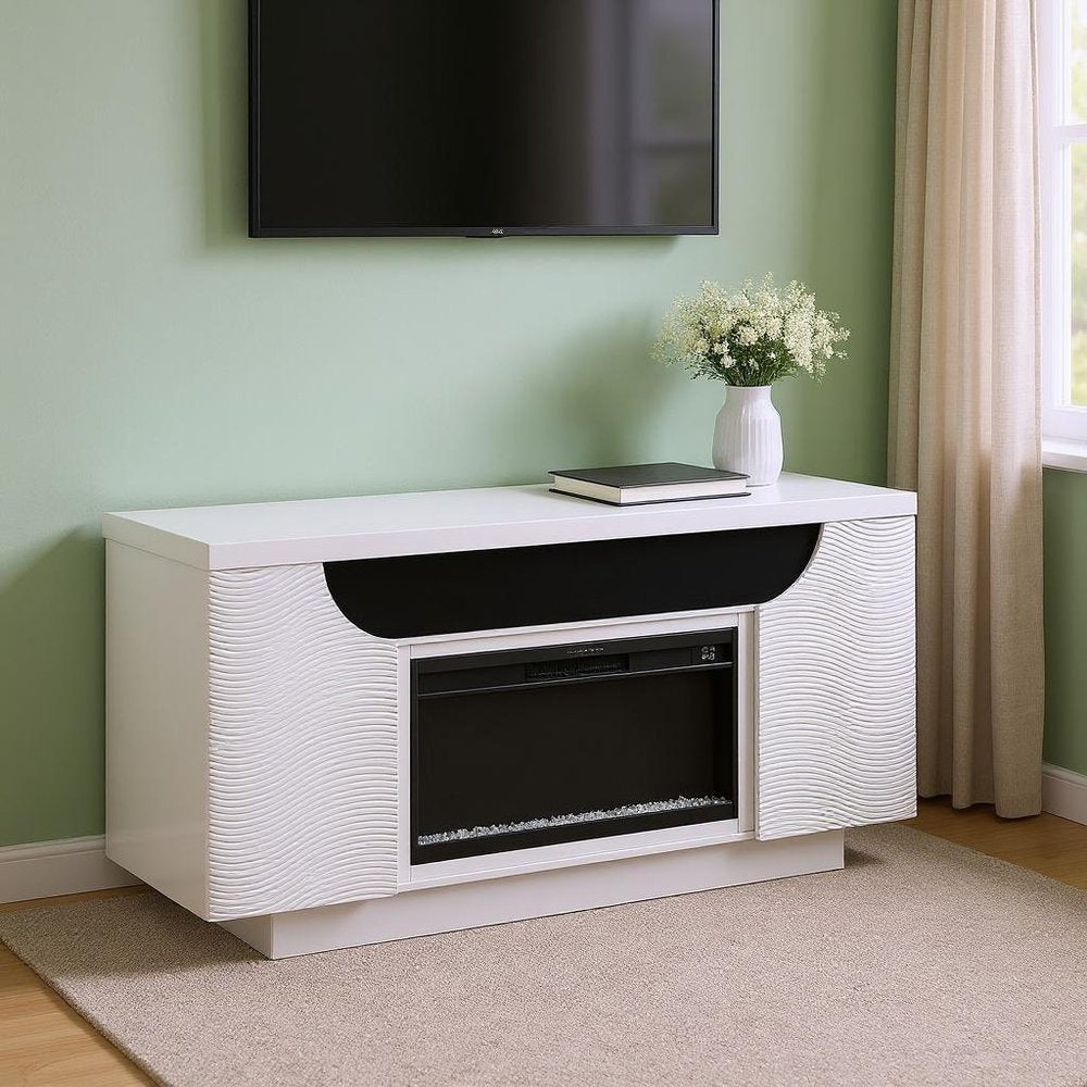 76" White Ribbed Wood Electric Storage Cabinet Fireplace With LED And Speaker HomeRoots