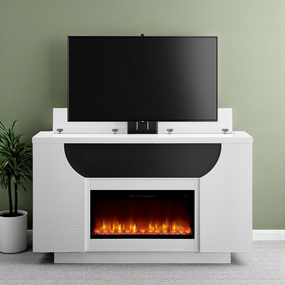 76" White Ribbed Wood Electric Storage Cabinet TV Fireplace With LED And Speaker HomeRoots