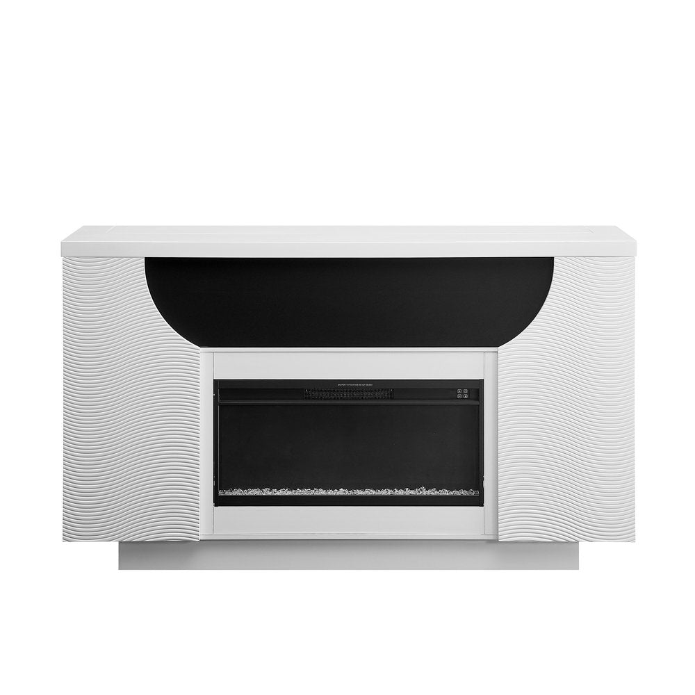 76" White Ribbed Wood Electric Storage Cabinet TV Fireplace With LED And Speaker — view 1