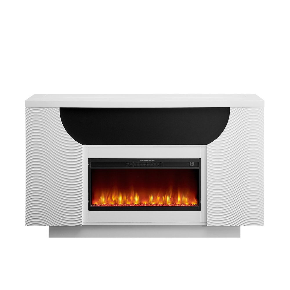 76" White Ribbed Wood Electric Storage Cabinet TV Fireplace With LED And Speaker — view 2
