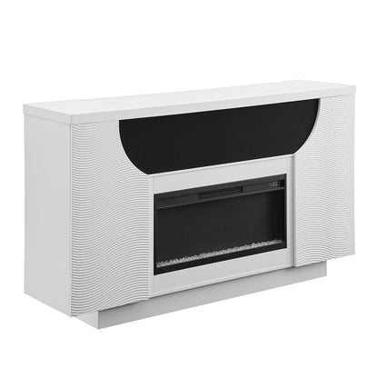 76" White Ribbed Wood Electric Storage Cabinet TV Fireplace With LED And Speaker HomeRoots